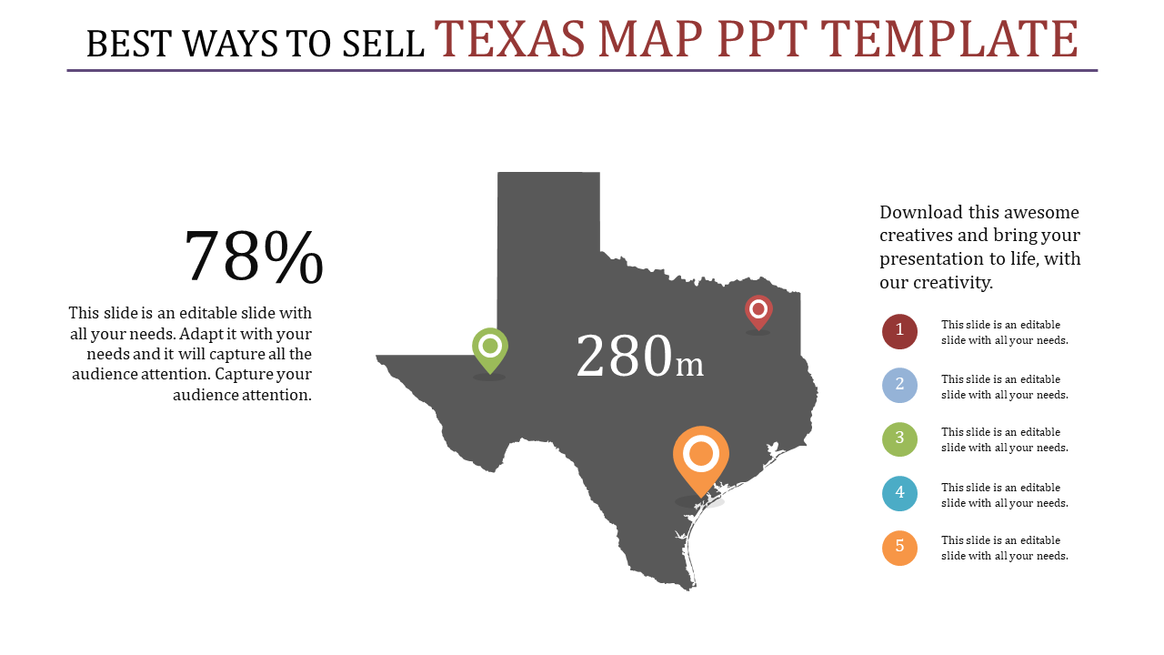 Best Texas Map PPT Template Slide With Location Marks